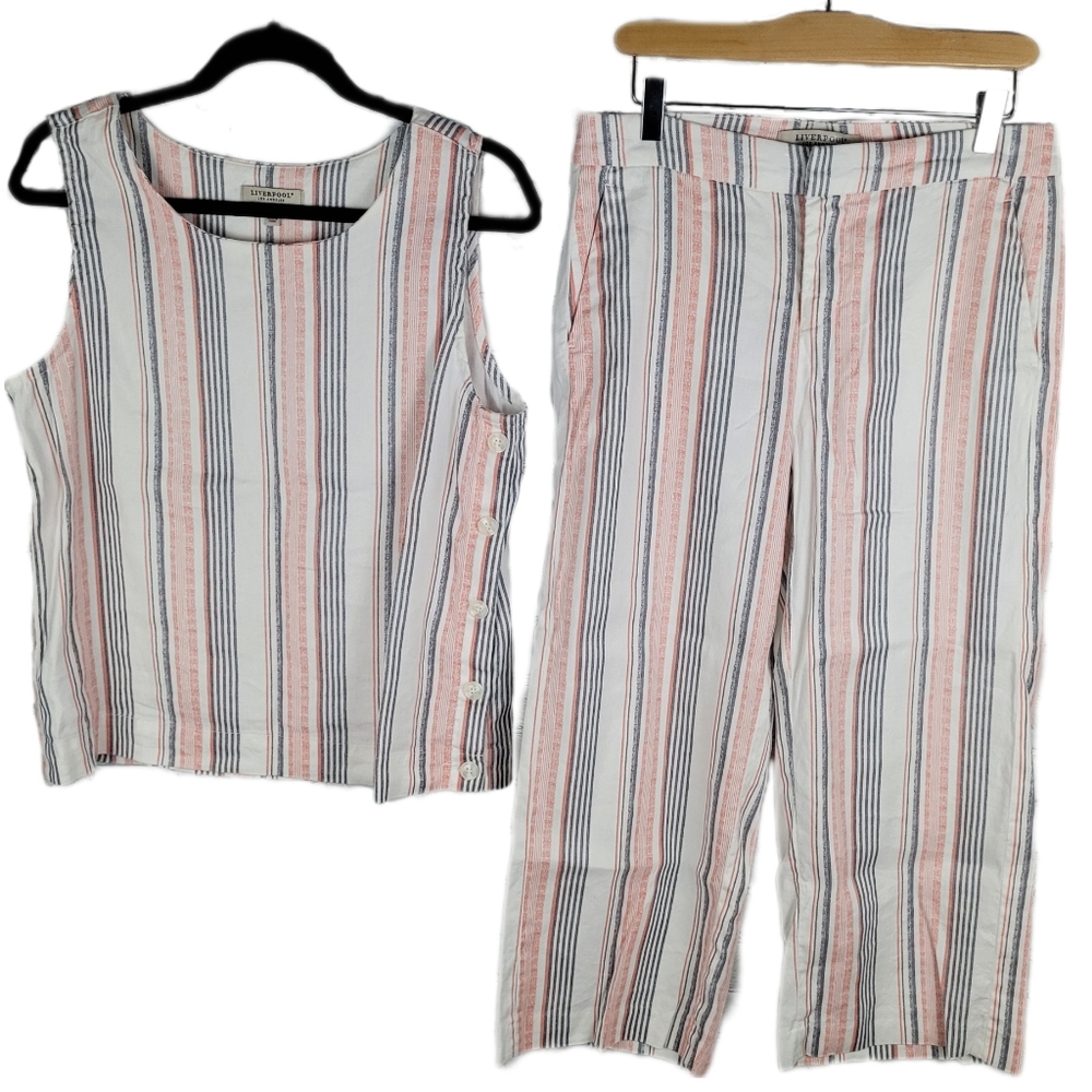 LIVERPOOL | cropped coral stripe wide leg linen trouser pant sleeveless set